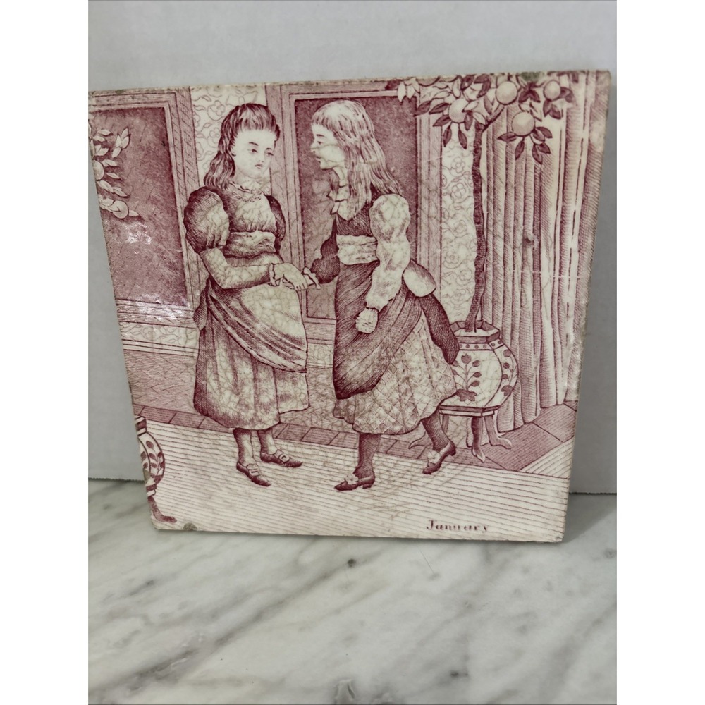 Antique Wedgood Eturia January Calendar Tile Victorian Girls Reddish